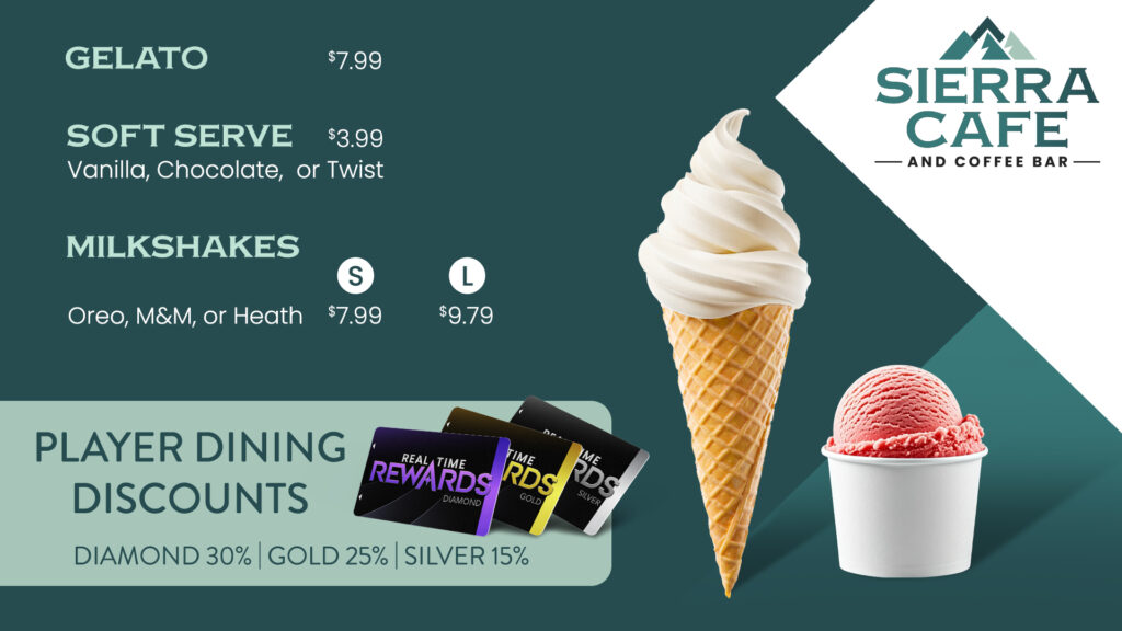 Sierra Café dessert menu showing prices for gelato, soft serve, and milkshakes, including flavors like Oreo, M&M, and Heath. Image includes a soft serve cone, a cup of gelato, and Real Time Rewards cards showing available player dining discounts.